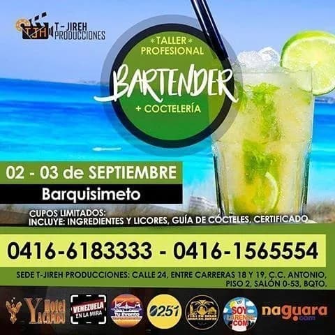 Taller de Bartender Profesional y Coctelería, 02 y 03 de Septiembre